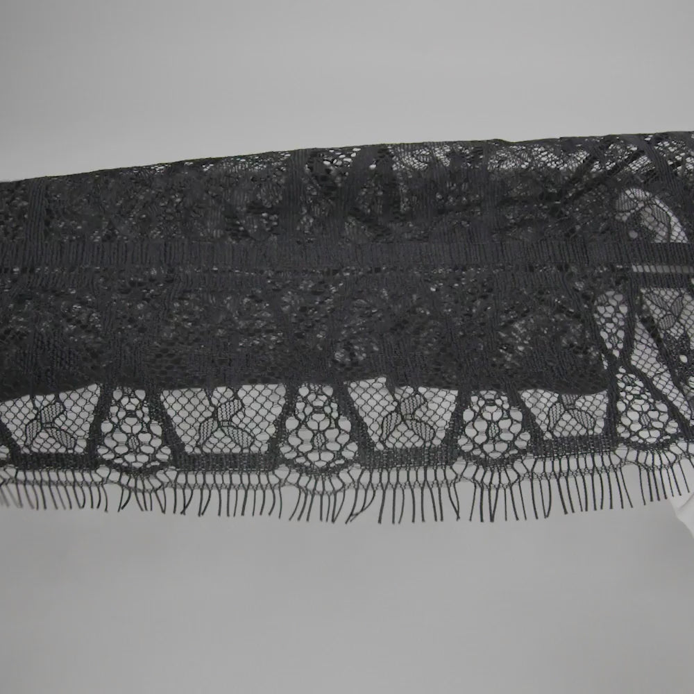 Raschel Lace Panel with Finished Edges - Black Geometric and Floral