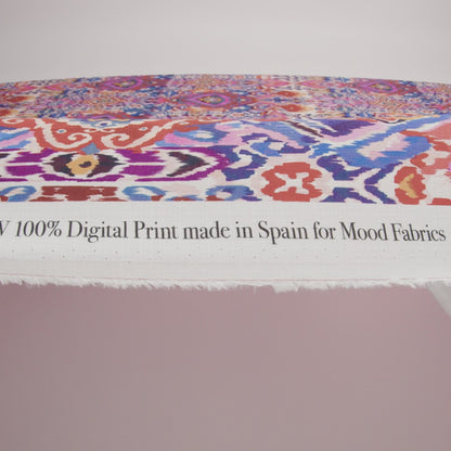 Slubbed Viscose Woven Print - Pink, Purple and Blue Ornate Ikat - Mood Exclusive Wavy Pigmentation