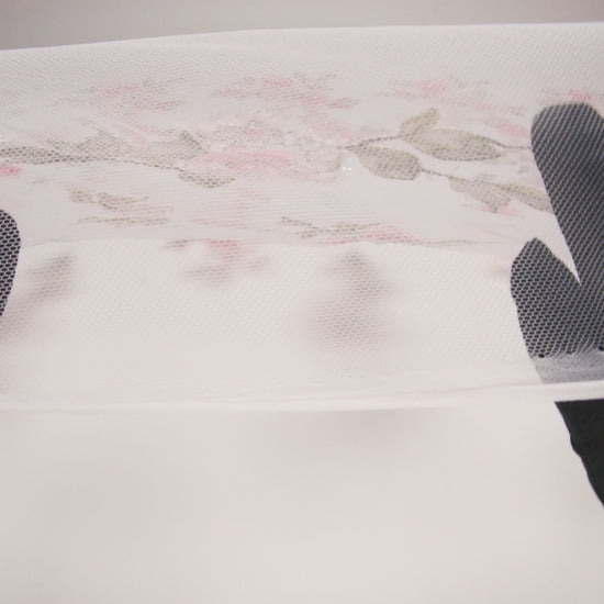 Embroidered and Beaded Tulle with 3D Fabric and Ribbon Flowers - Pink, Silver and Green Floral