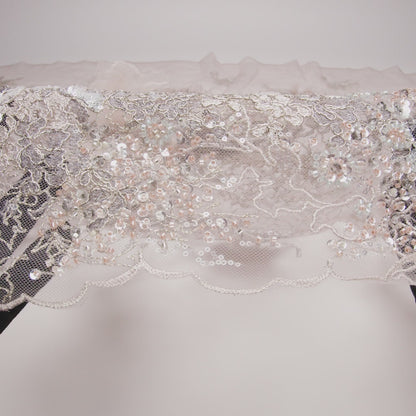 Embroidered and Beaded Tulle with 3D Ribbon Flowers and Finished Edge - Taupe, Beige and Gray Fancy Flower