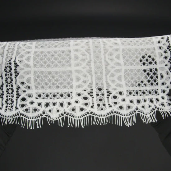 Raschel Lace Panel with Finished Edges - Ivory Geometric Rows of Windows