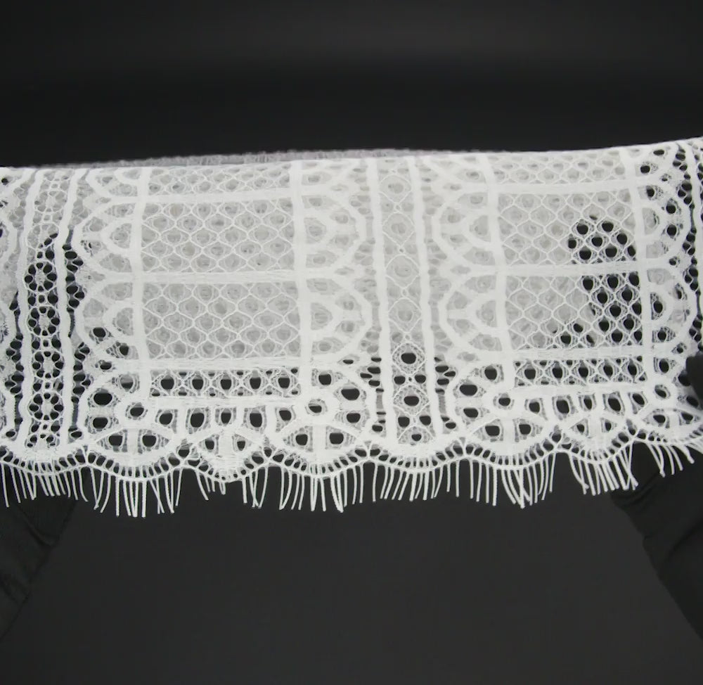 Raschel Lace Panel with Finished Edges - Ivory Geometric Rows of Windows