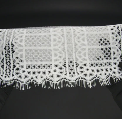 Raschel Lace Panel with Finished Edges - Ivory Geometric Rows of Windows