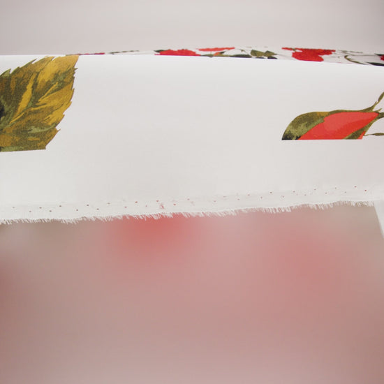 Silk Charmeuse Print 16MM, Made in Italy - White, Red and Olive Green Roses and Stems
