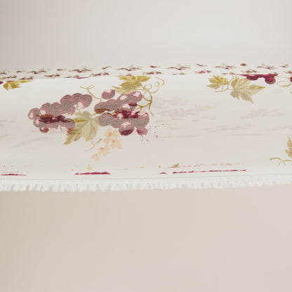 Viscose Georgette Print - Plum Purple, Moss Green and Bright Cream Grapevine Watercolor Illustration - Designer Deadstock