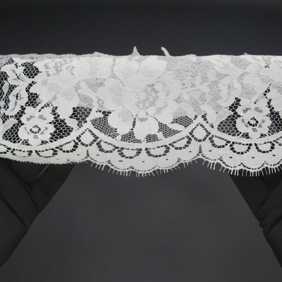 French Cotton Blend Re-Embroidered Lace with Finished Scalloped Edges - White Classic Floral