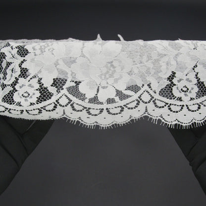 French Cotton Blend Re-Embroidered Lace with Finished Scalloped Edges - White Classic Floral