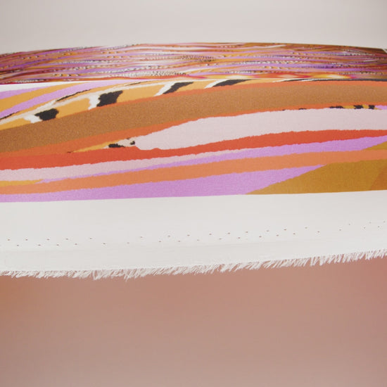 Silk Charmeuse Panel 16MM, Made in Italy - Orange, Purple and Tan Fanning Feathers