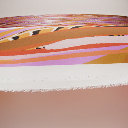 Silk Charmeuse Panel 16MM, Made in Italy - Orange, Purple and Tan Fanning Feathers