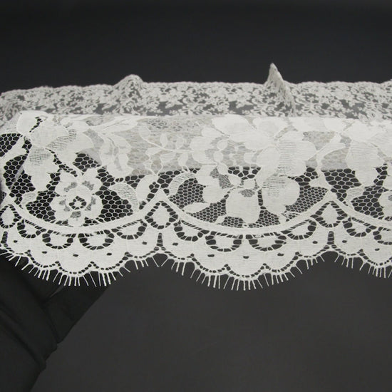 French Cotton Blend Leavers Lace with Finished Scalloped Edges - Greige Classic Floral