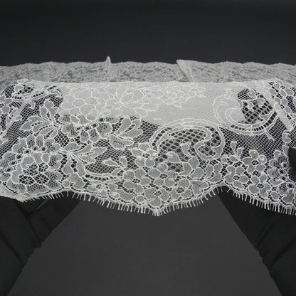 French Chantilly Lace with Scalloped Edges by Solstiss - White Delicate Floral
