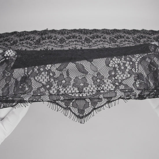 Chantilly Lace with Finished Scalloped Edges - Black Fancy Florals