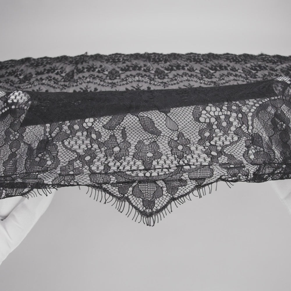 Chantilly Lace with Finished Scalloped Edges - Black Fancy Florals