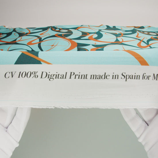 Sustainable and Recycled Viscose Satin Print - Turquoise and Orange Swirling Abstract - Mood Exclusive Atmospheric Adventure - Image 6 of 6