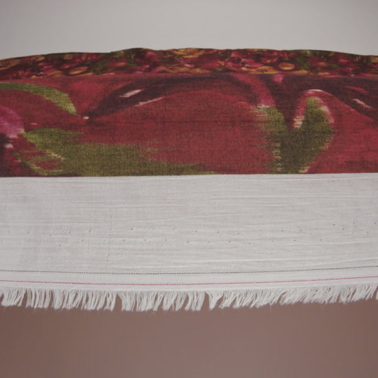 Crinkled Cotton Gauzy Woven - Burgundy, Yellow Ochre and Green Painterly Ikat Floral - Mood Exclusive Cabernet Crocus Print