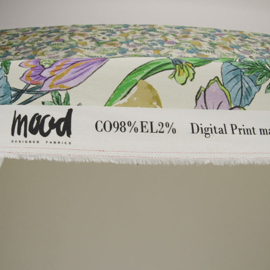 Stretch Cotton Twill Print - Cream. Green and Blue Mushrooms and Flowers - Mood Exclusive Mycelium Mystique