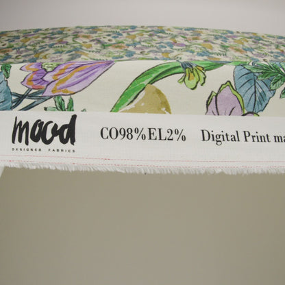 Stretch Cotton Twill Print - Cream. Green and Blue Mushrooms and Flowers - Mood Exclusive Mycelium Mystique
