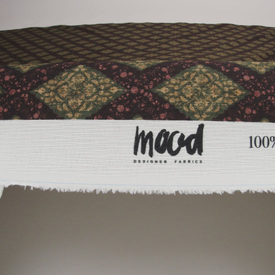 Slubbed Gauzy Cotton Woven - Dark Green, Black and Gilded Beige Small Floral Diamonds - Mood Exclusive Garden Grid Print