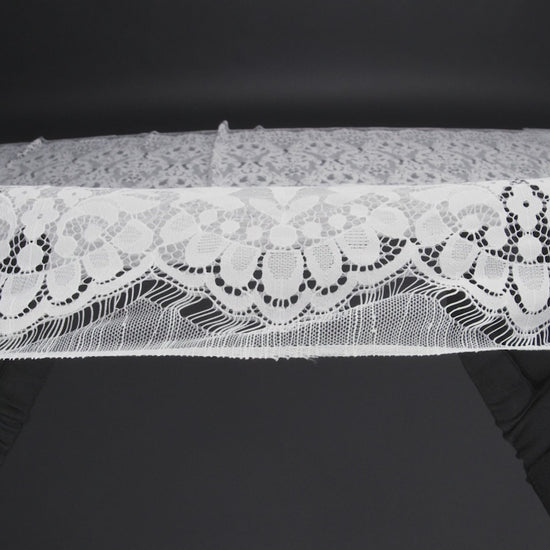Nylon Re-Embroidered Lace - White Floral Damask with Scalloped Borders