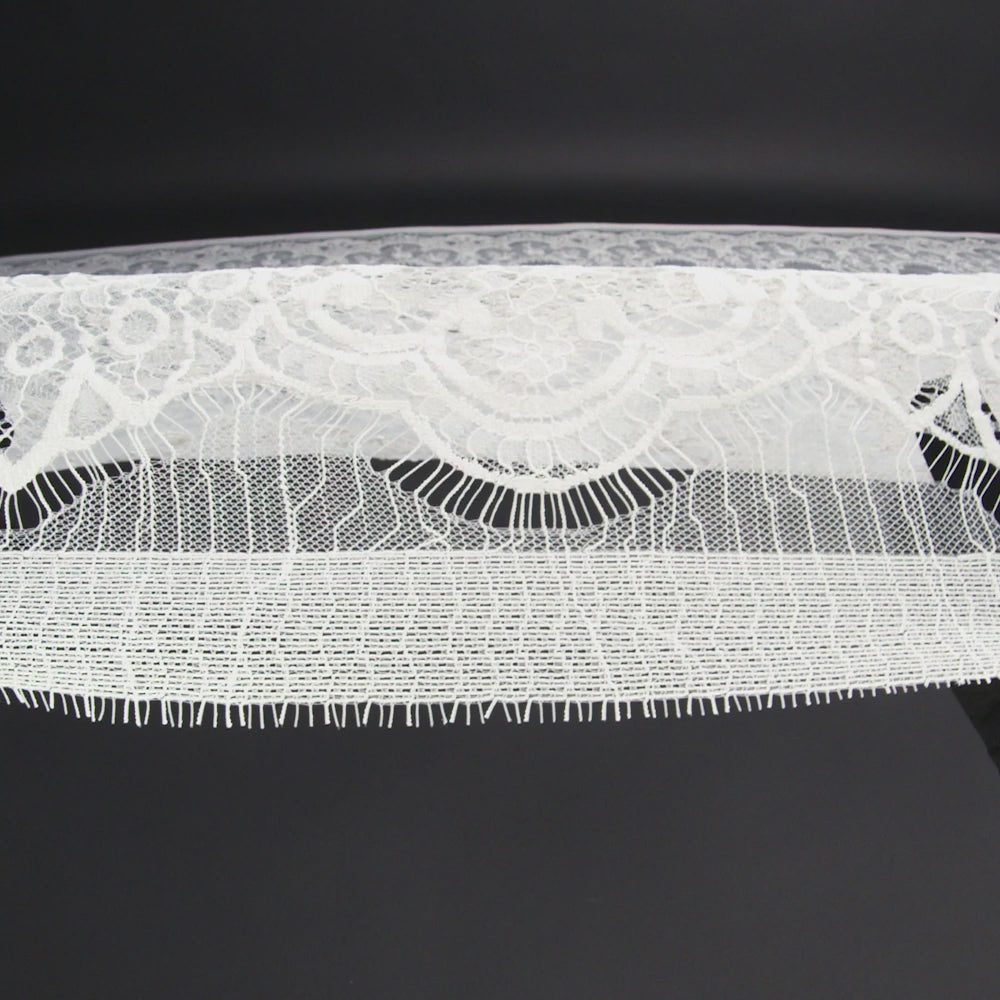 Nylon Re-Embroidered Lace - White Paisley Floral Swirl with Scalloped Borders