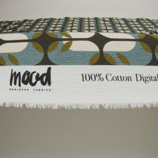 Slubbed Gauzy Cotton Woven - Mid Blue, Olive Green and Navy Geometric Floral Windows - Mood Exclusive Greenhouse Geometries Print