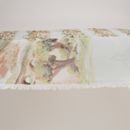 Viscose Georgette Print - Sky Blue, Cinnamon Brown and Chartreuse Green Painterly Western Hills Landscape - Designer Deadstock
