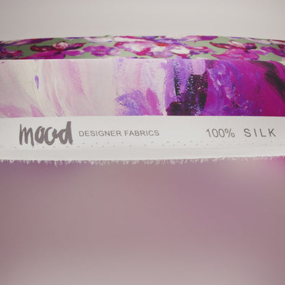 Silk Charmeuse Print 16MM, Made in Italy - Sage Green, Purple and Pink Painterly Flowers