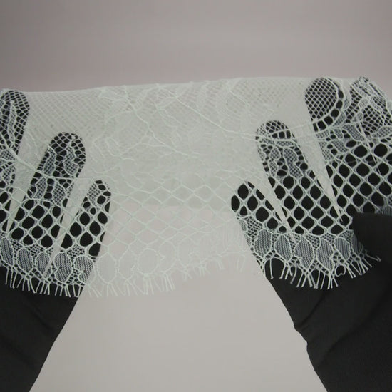 Raschel Lace Panel with Finished Edges - Dusty Aqua Delicate Leafy Vines on Net - Image 6 of 6