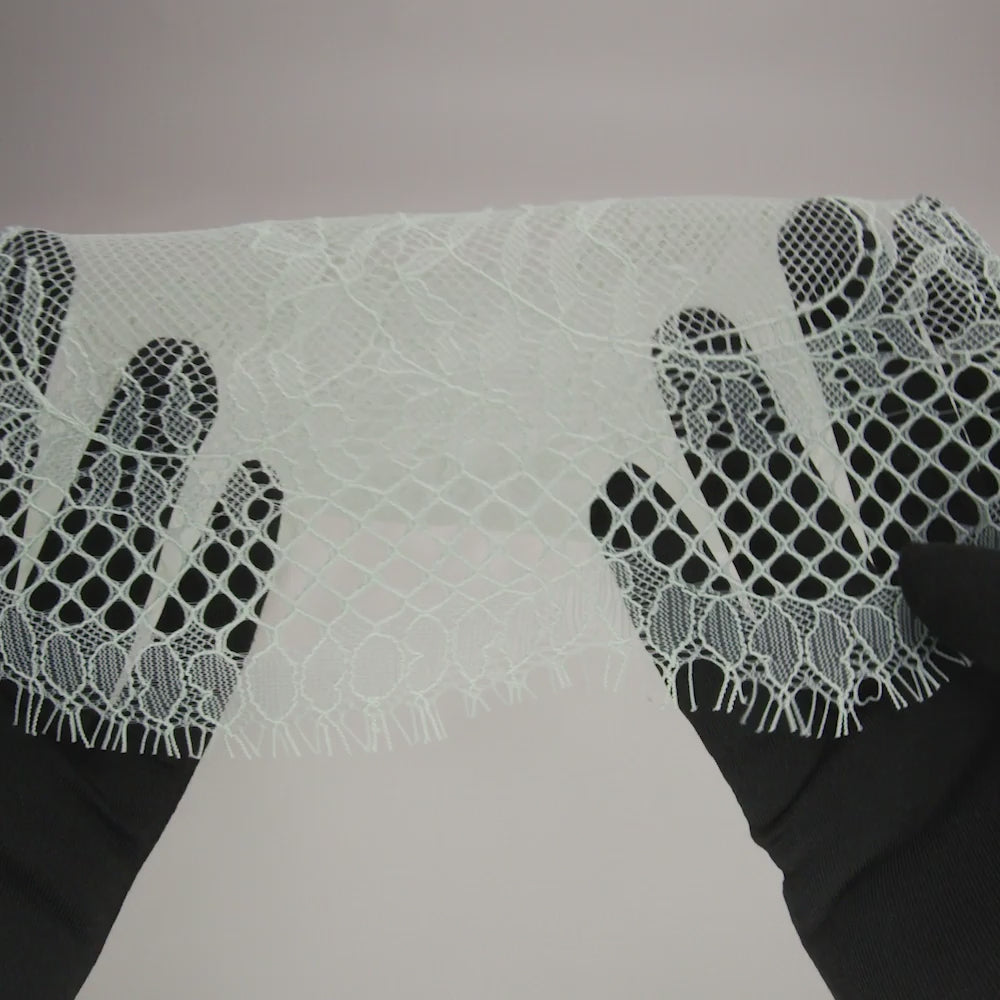 Raschel Lace Panel with Finished Edges - Dusty Aqua Delicate Leafy Vines on Net - Image 6 of 6