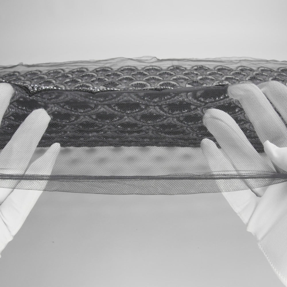 Embroidered and Beaded Lace Tulle with Sequins - Black and Gunmetal Gradient Size Scales