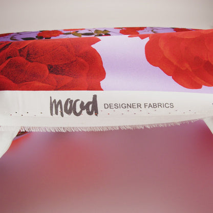 Silk Charmeuse Print 16MM, Made in Italy - Lavender, Red and Olive Green Roses and Stems