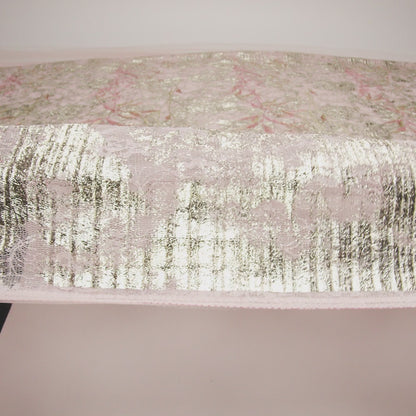 Metallic Foiled Plisse Lace with Embroidery and Beading on Tulle Backing - Light Pink and Gold Flowering Branches