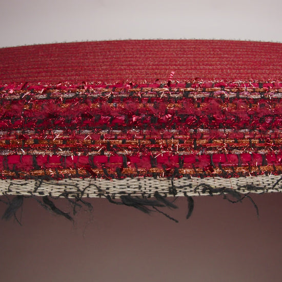 Metallic Polyester Tweed with Eyelash Fringe - Ruby Red and Burnt Orange Stripes