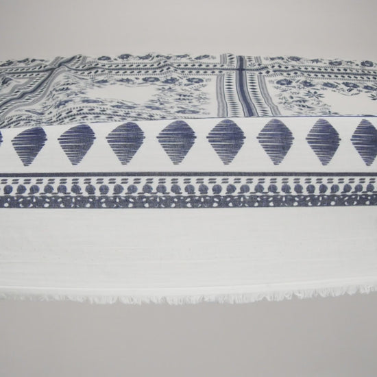 Crinkled Cotton Gauzy Woven Panel - White and Navy Blue Big Floral Embroidery Squares - Mood Exclusive Porcelain Petals Print