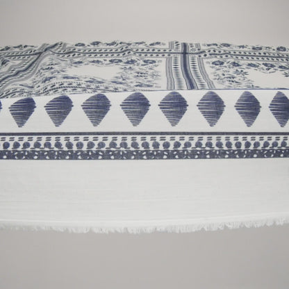 Crinkled Cotton Gauzy Woven Panel - White and Navy Blue Big Floral Embroidery Squares - Mood Exclusive Porcelain Petals Print