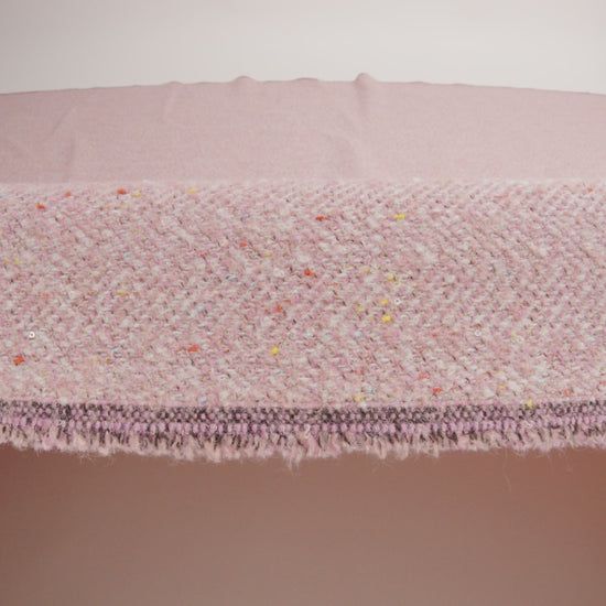 Wool Blend Chevron Twill Tweed with Clear Baby Sequins - Pink and White with Rainbow Flecks