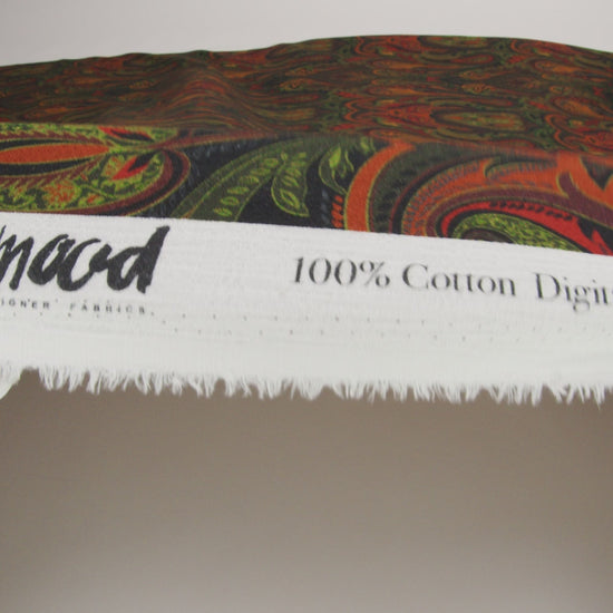 Slubbed Gauzy Cotton Woven - Forest Green, Burnt Orange and Yellow Ochre Paisley - Mood Exclusive Secret Garden Scrolls Print