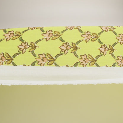 Crinkled Cotton Gauzy Woven Print - Lime Green and Pink Floral Lattice - Mood Exclusive Tulip Trellis