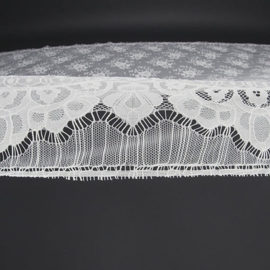 Re-Embroidered Lace with Scalloped Border - White Rose Bunches