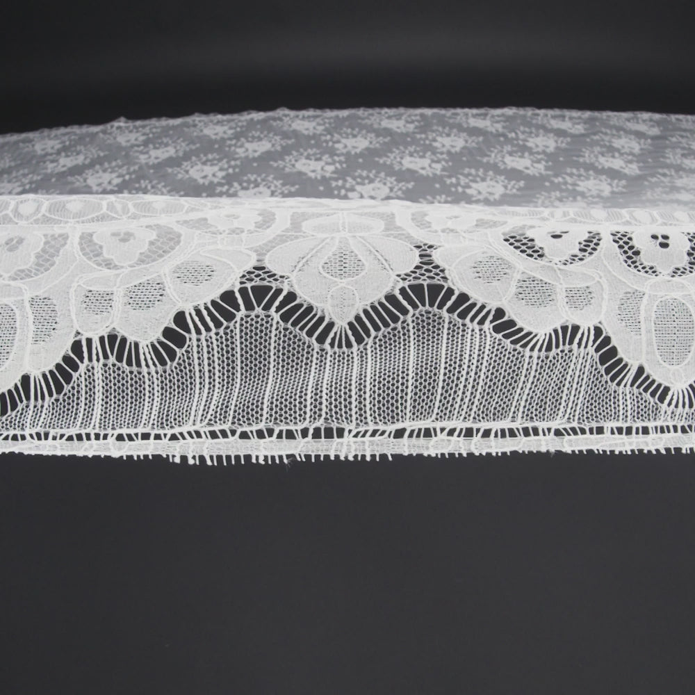 Re-Embroidered Lace with Scalloped Border - White Rose Bunches