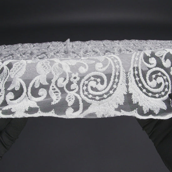 Embroidered Lace Tulle - Bright White Floral Damask with Swirls and Lattice