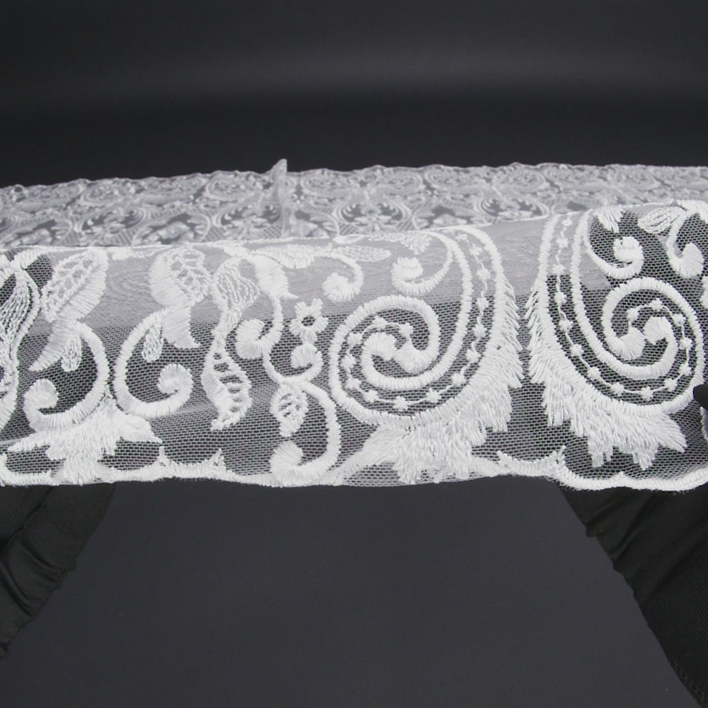Embroidered Lace Tulle - Bright White Floral Damask with Swirls and Lattice