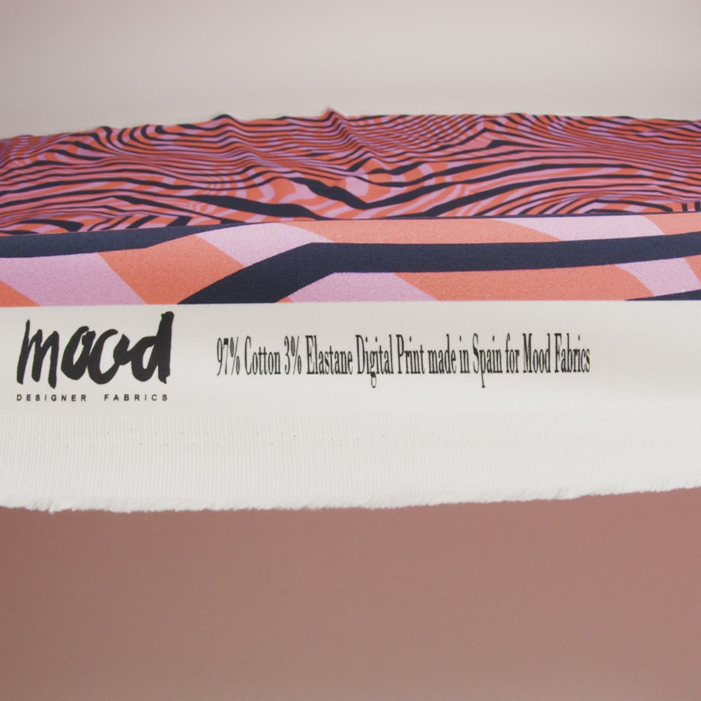 Stretch Cotton Sateen - Pink Abstract Lines - Soundwave Strut Print - Mood Exclusive Groove Collection