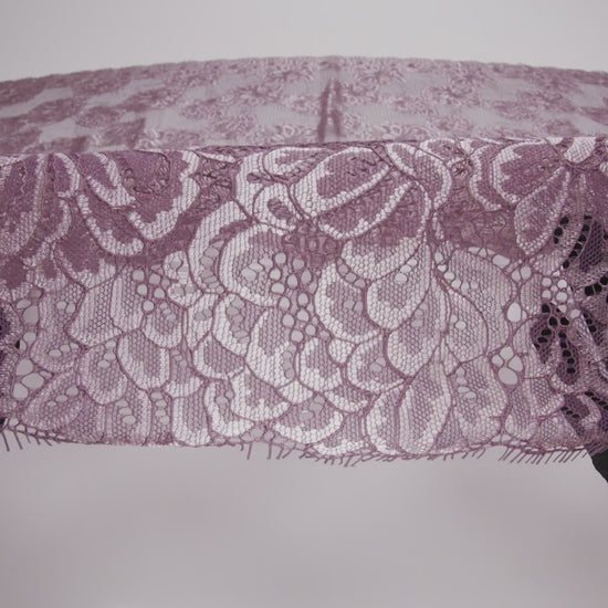 Corded Raschel Lace Panel with Finished Edges - Plum and Burnished Lilac Big Flowers on Diamond Net