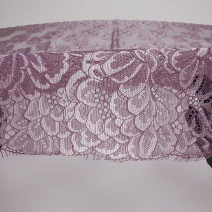 Corded Raschel Lace Panel with Finished Edges - Plum and Burnished Lilac Big Flowers on Diamond Net