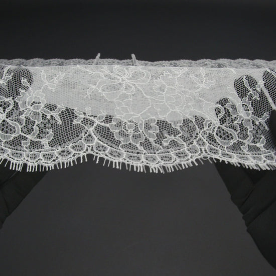 French Chantilly Lace with Finished Scalloped Edges by Solstiss - White Abundant Flowers