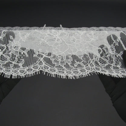 French Chantilly Lace with Finished Scalloped Edges by Solstiss - White Abundant Flowers