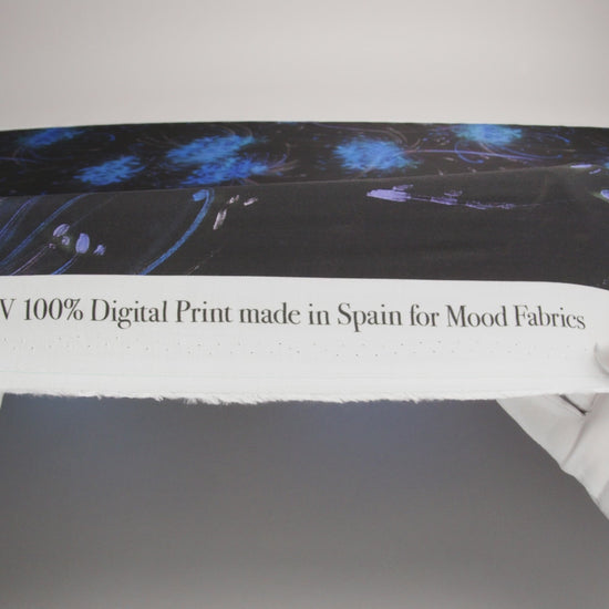 Sustainable and Recycled Viscose Satin Print - Blue and Black Glowing Florals - Mood Exclusive Marine Magic
