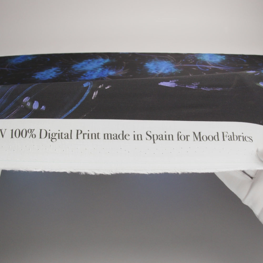 Sustainable and Recycled Viscose Satin Print - Blue and Black Glowing Florals - Mood Exclusive Marine Magic
