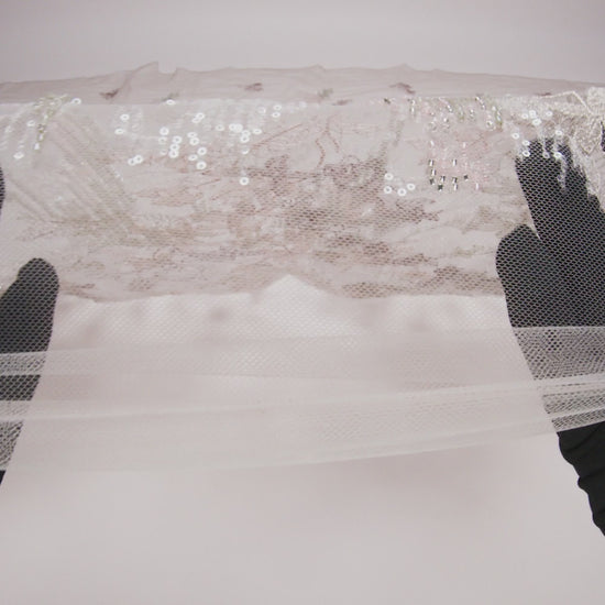 Beaded and Embroidered Tulle with 3D Appliques - Light Gray and Pink Floral Reflections